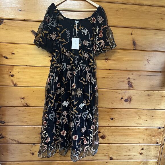 POLAGRAM/Piper & Scoot Dresses & Skirts - NWT!-POLAGRAM-XL-Piper & Scoot-Woman’s Dress-Floral Embroidery-Puff Sleeve Black